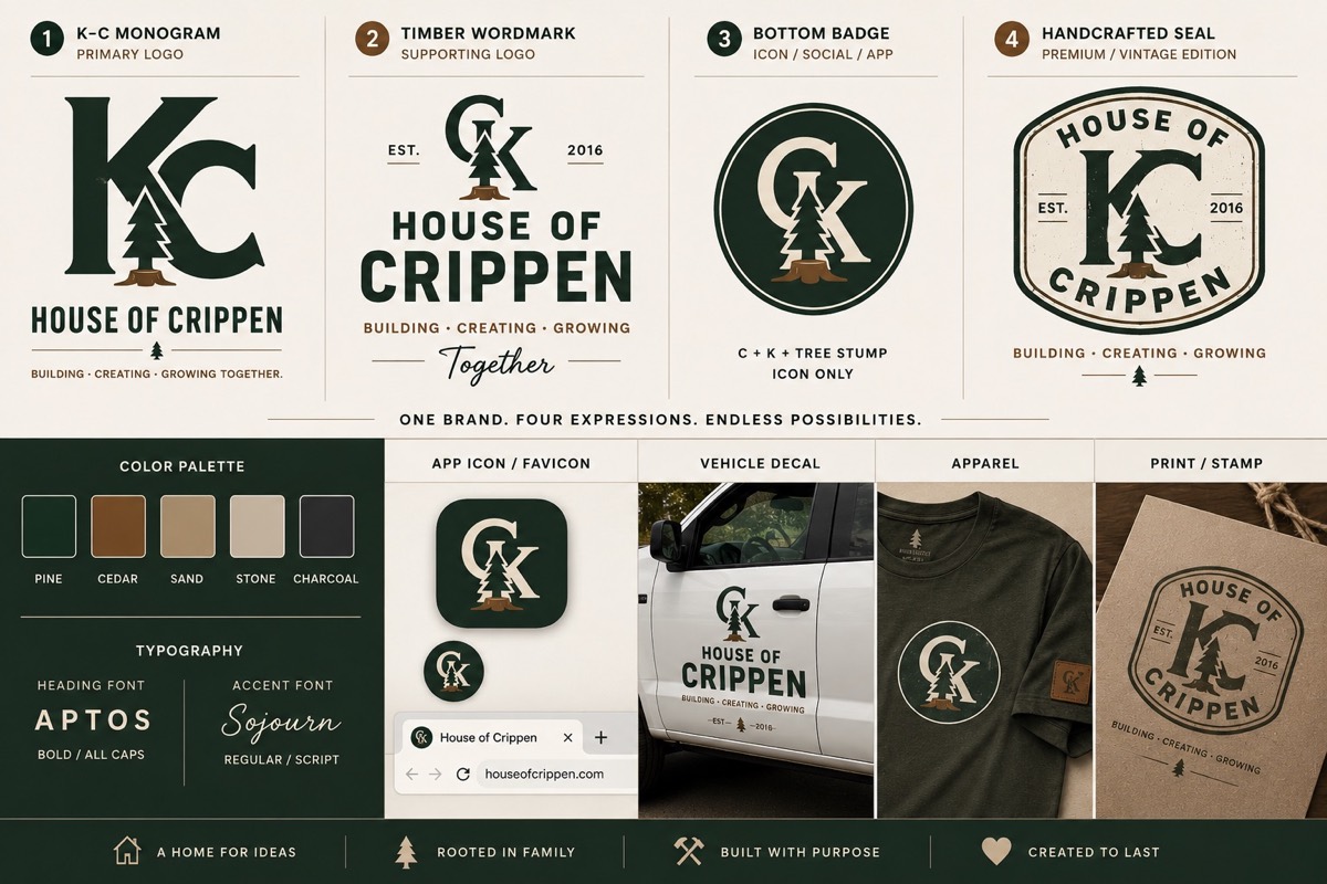 House of Crippen brand board with pine, cedar, sand, stone, and charcoal design references